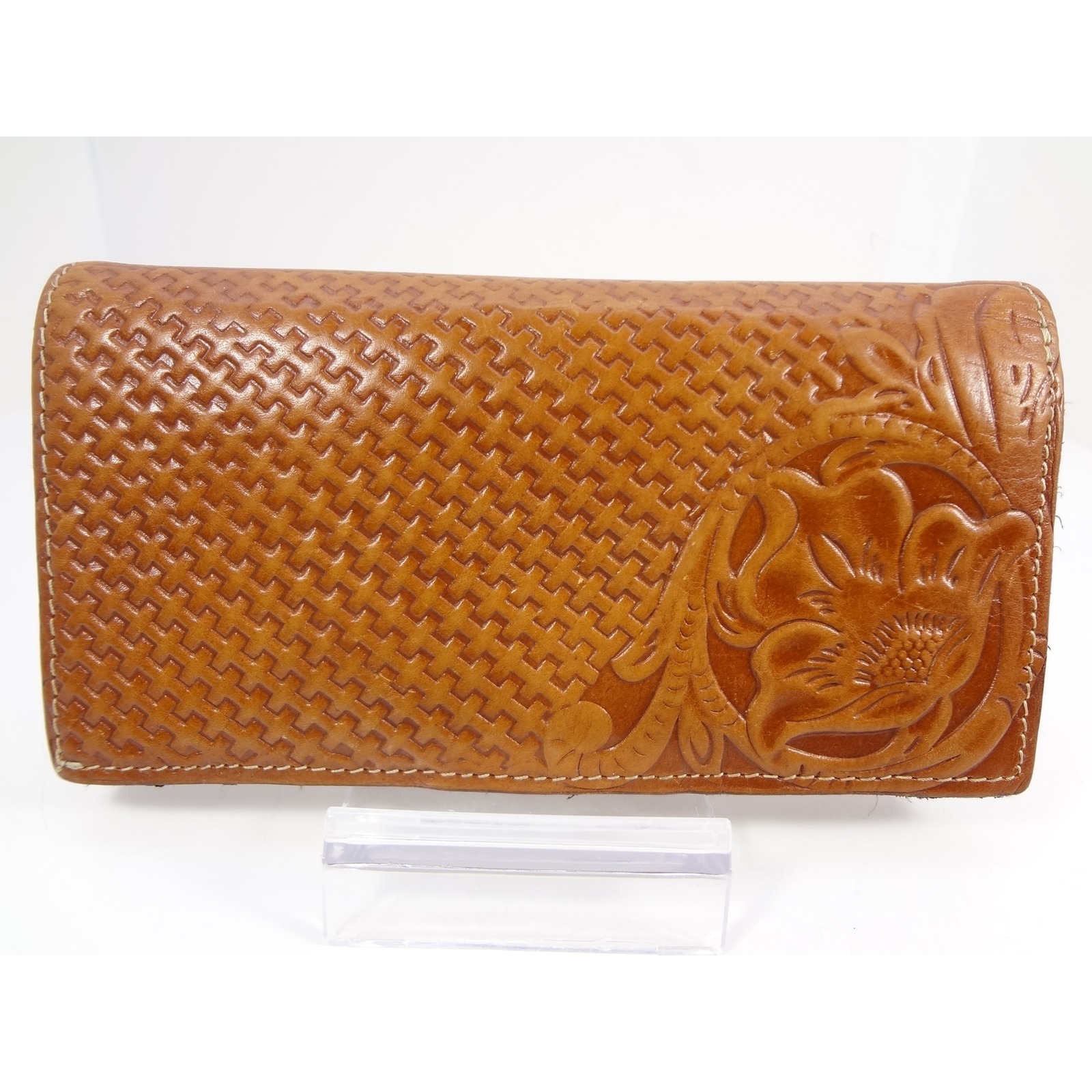 Patricia Nash Tan Tooled Italian Leather Floral Basketweave Tri-Fold Wallet